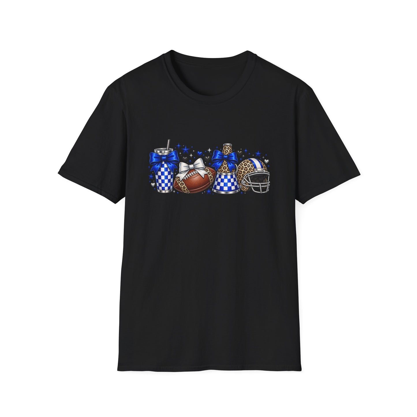 Football Cheer Graphic T-Shirt — Blue Spirit Football Helmet, Ball & Pom Design
