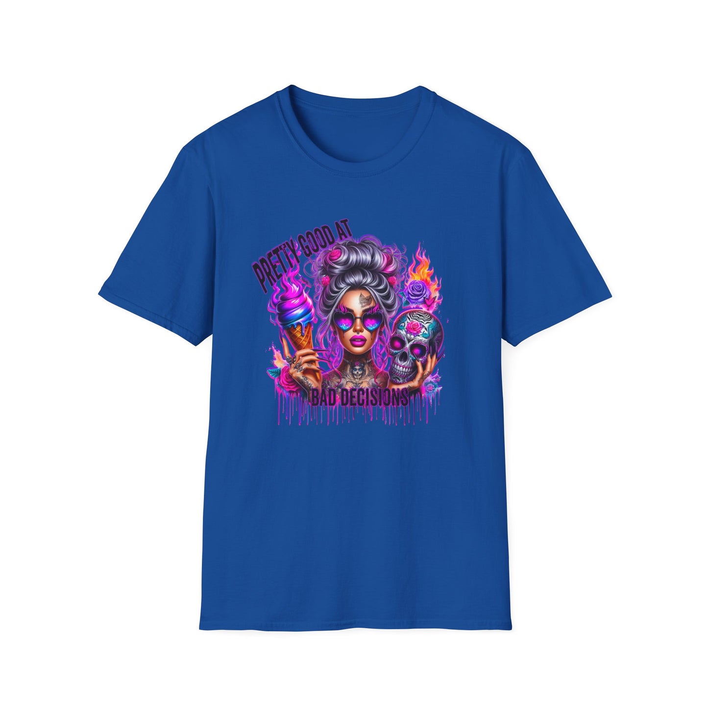 T-Shirt — "Pretty Good At" Colorful Glam Girl Skull Graphic Tee