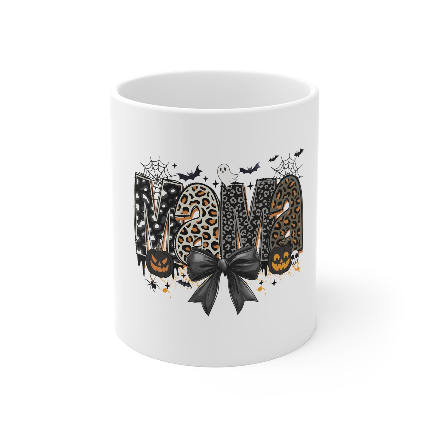 Halloween Mama Mug — Leopard Print Spooky Design with Pumpkins & Bats (11oz)