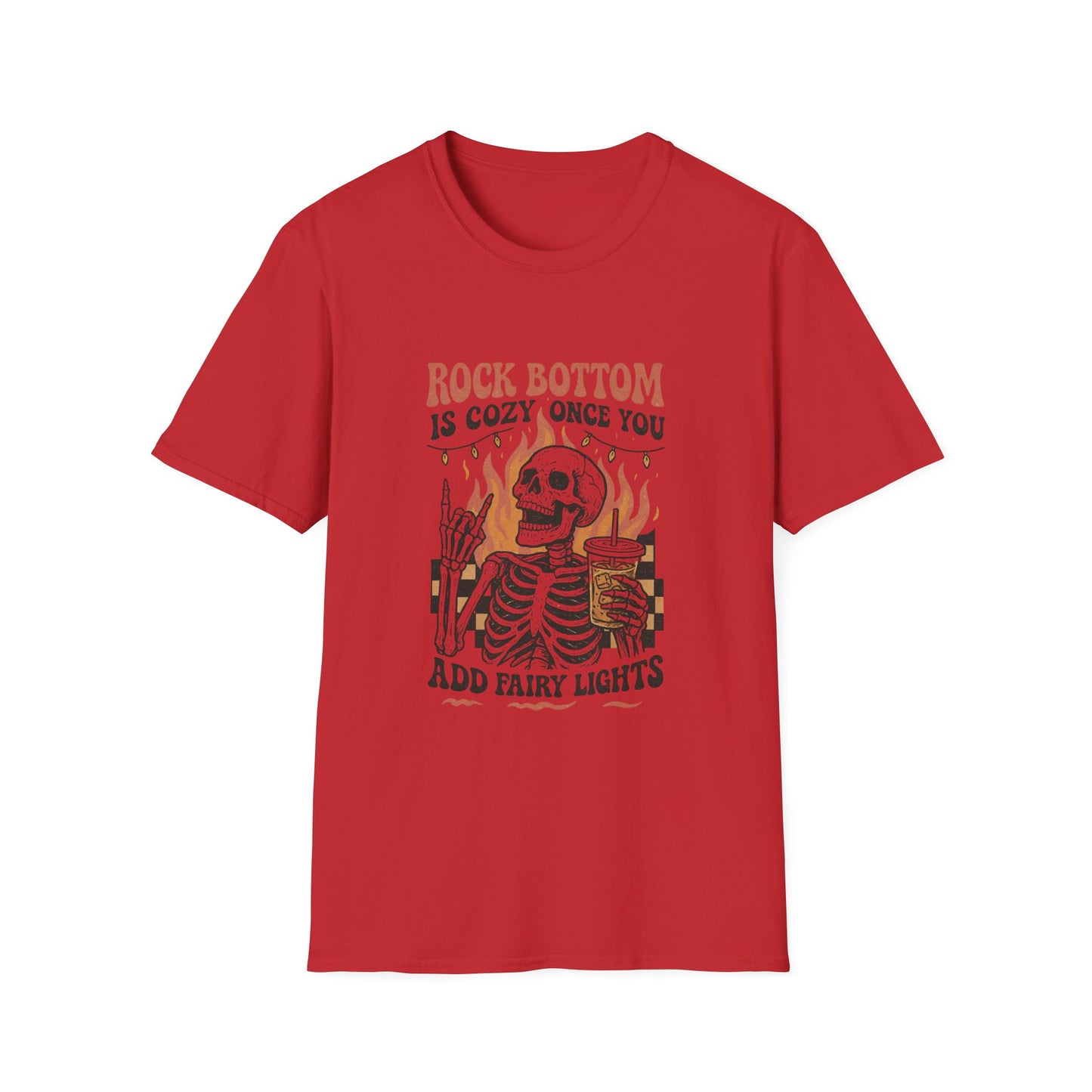 T-Shirt — "Rock Bottom Is Cozy Once You Add Fairy Lights" Skeleton Graphic Tee