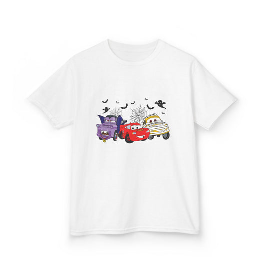 Kids Halloween Monster Cars Tee — Cute Spooky Racing Trucks Design