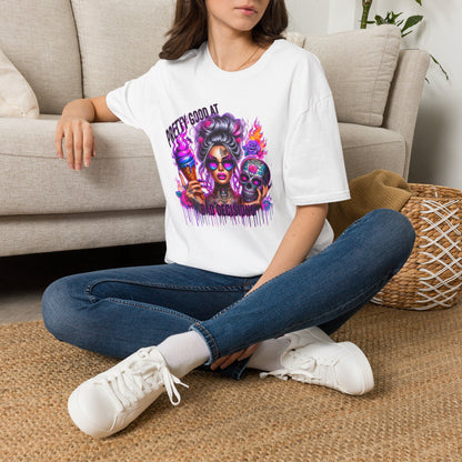 T-Shirt — "Pretty Good At" Colorful Glam Girl Skull Graphic Tee