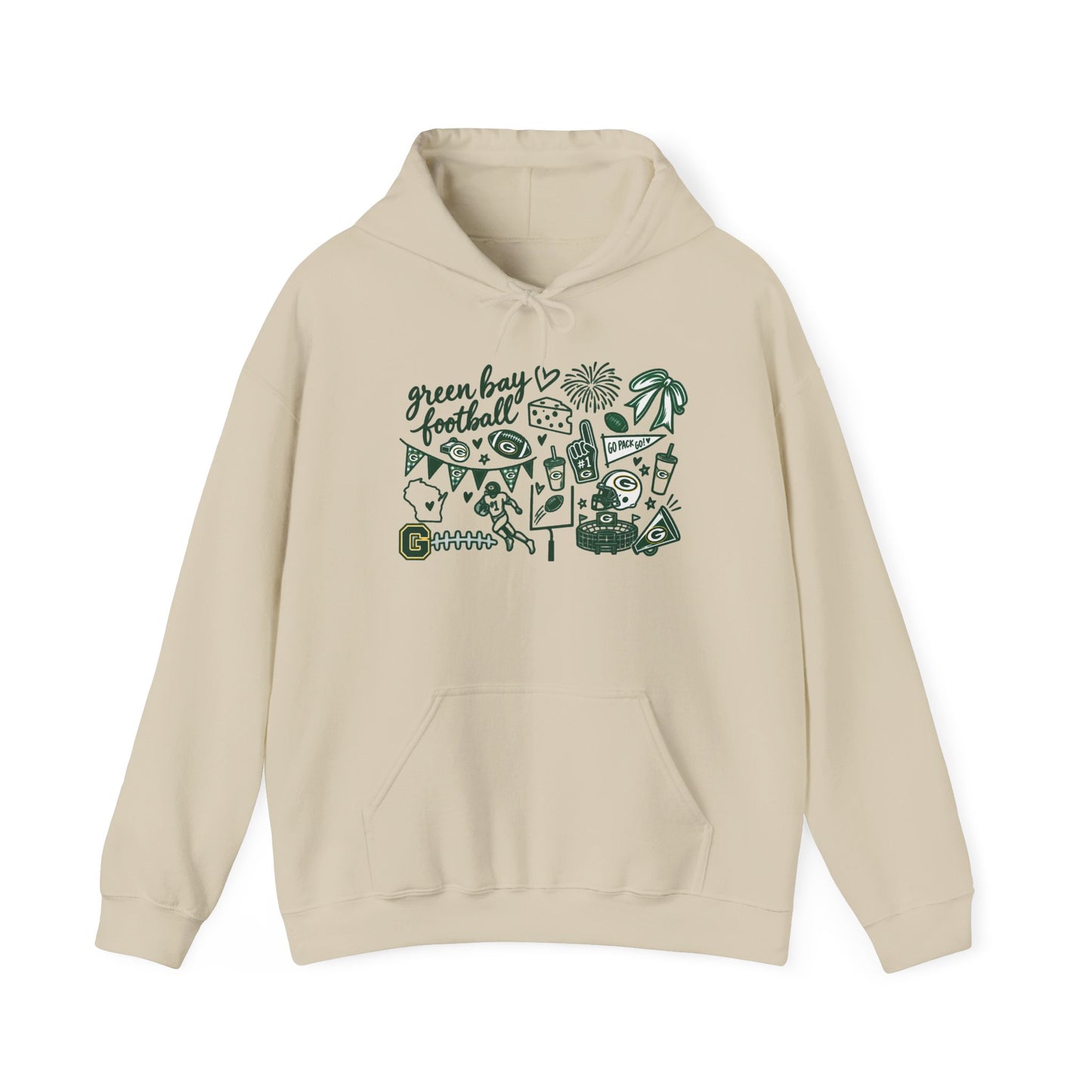 Green Bay Football Doodle Hoodie — Vintage Team Icons Pullover