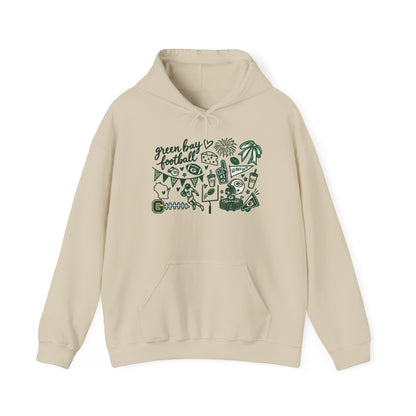 Green Bay Football Doodle Hoodie — Vintage Team Icons Pullover