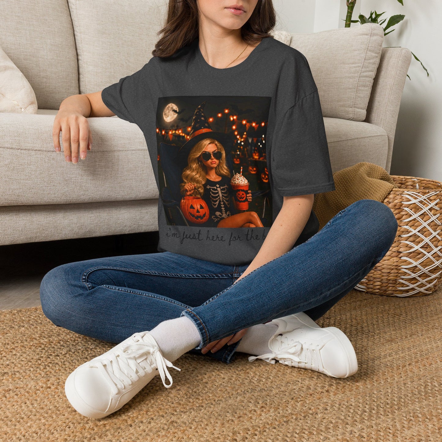 Halloween Vibes T‑Shirt — Retro Witchy Girl with Pumpkins & Moon