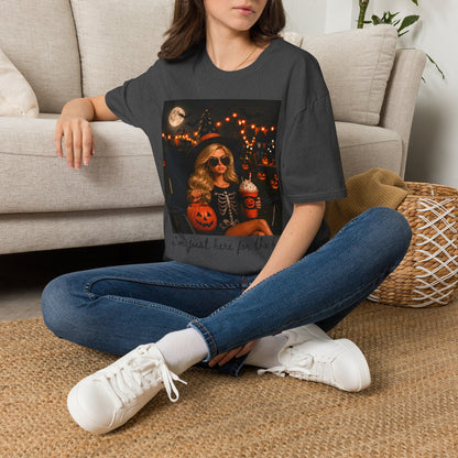 Halloween Vibes T‑Shirt — Retro Witchy Girl with Pumpkins & Moon