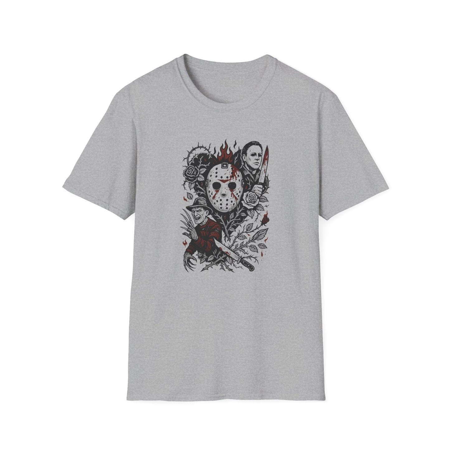 Horror Icons Floral Collage T-Shirt — Jason, Michael & Freddy Graphic Tee