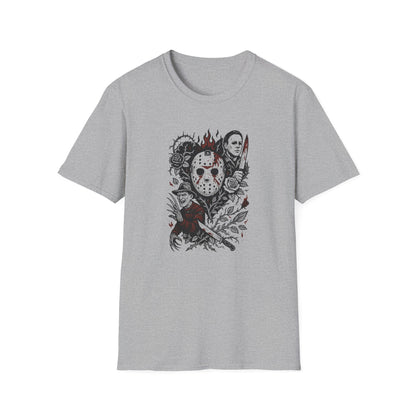 Horror Icons Floral Collage T-Shirt — Jason, Michael & Freddy Graphic Tee
