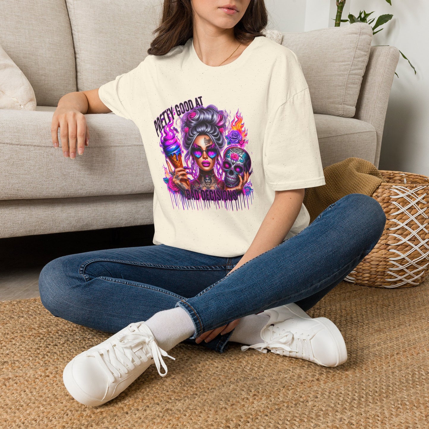 T-Shirt — "Pretty Good At" Colorful Glam Girl Skull Graphic Tee