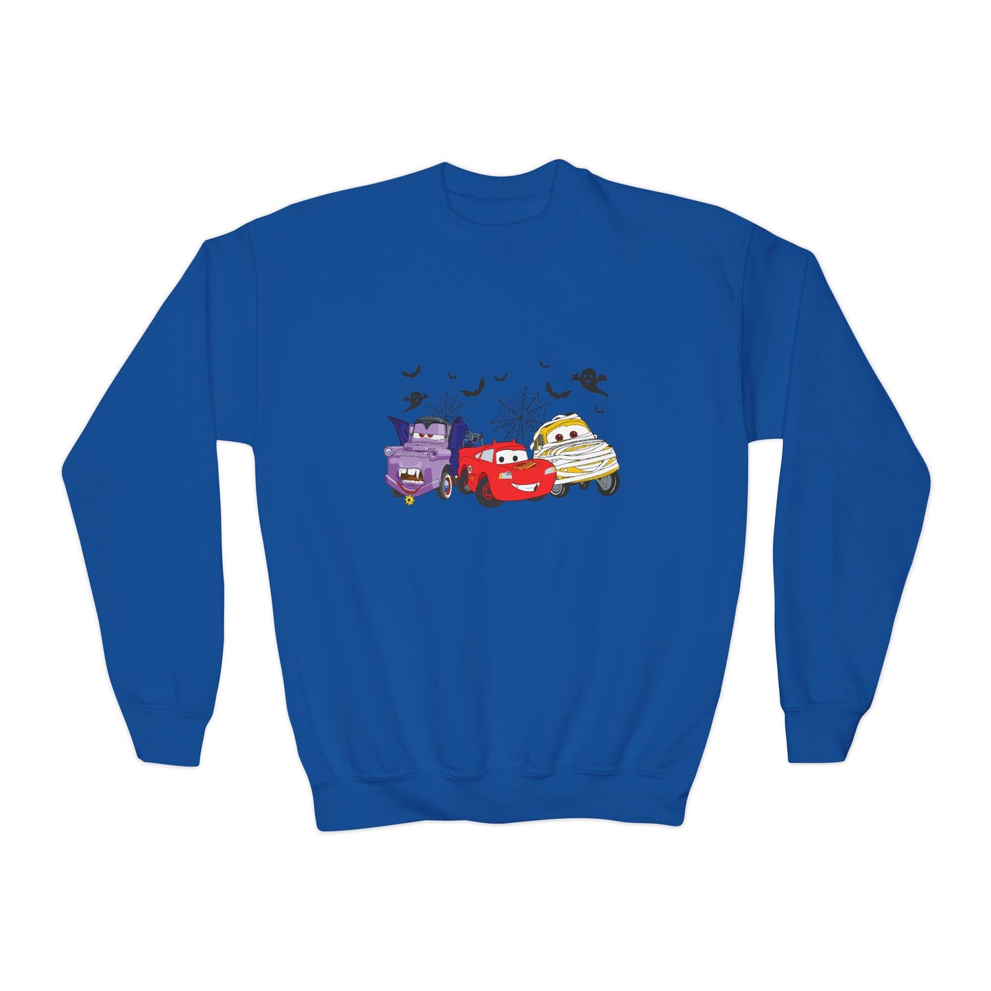 Kids Halloween Cars Crewneck Sweatshirt — Cute Haunted Car Trio Graphic