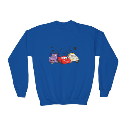 Kids Halloween Cars Crewneck Sweatshirt — Cute Haunted Car Trio Graphic