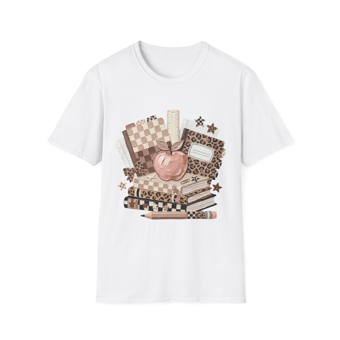 Teacher Apple & School Supplies T‑Shirt — Leopard Notebook Classroom Design