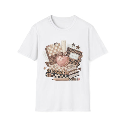 Teacher Apple & School Supplies T‑Shirt — Leopard Notebook Classroom Design