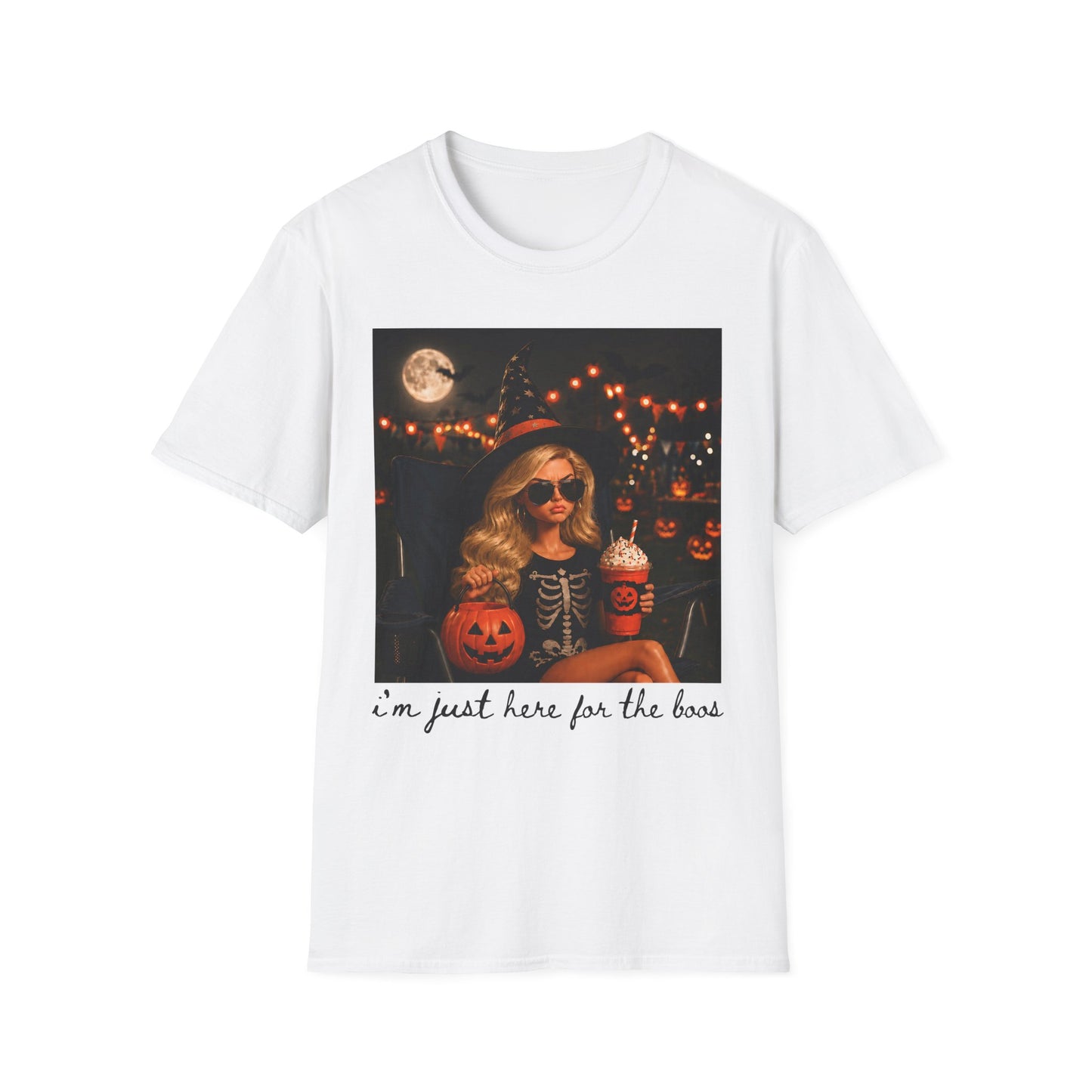 Halloween Vibes T‑Shirt — Retro Witchy Girl with Pumpkins & Moon