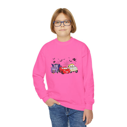 Kids Halloween Cars Crewneck Sweatshirt — Cute Haunted Car Trio Graphic