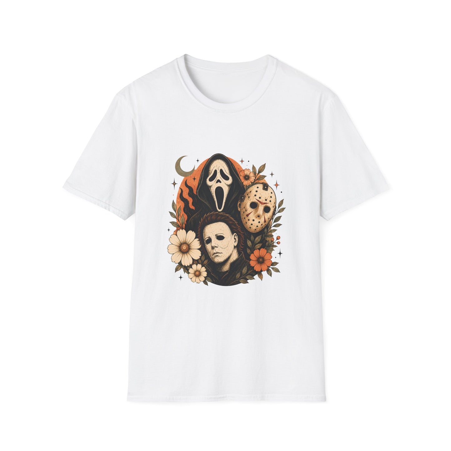 Halloween Horror Mask Crewneck T-Shirt — Scream, Michael Myers & Jason Graphic