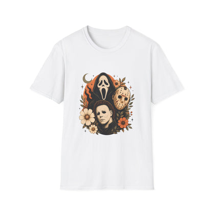 Halloween Horror Mask Crewneck T-Shirt — Scream, Michael Myers & Jason Graphic