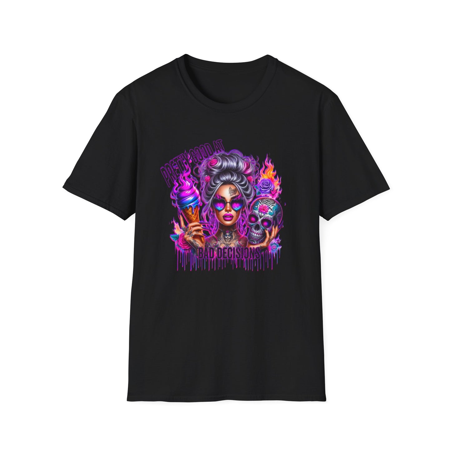 T-Shirt — "Pretty Good At" Colorful Glam Girl Skull Graphic Tee