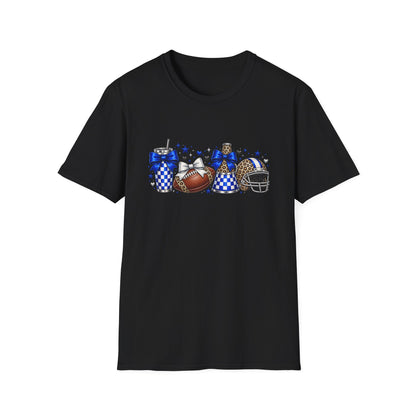 Football Cheer Graphic T-Shirt — Blue Spirit Football Helmet, Ball & Pom Design