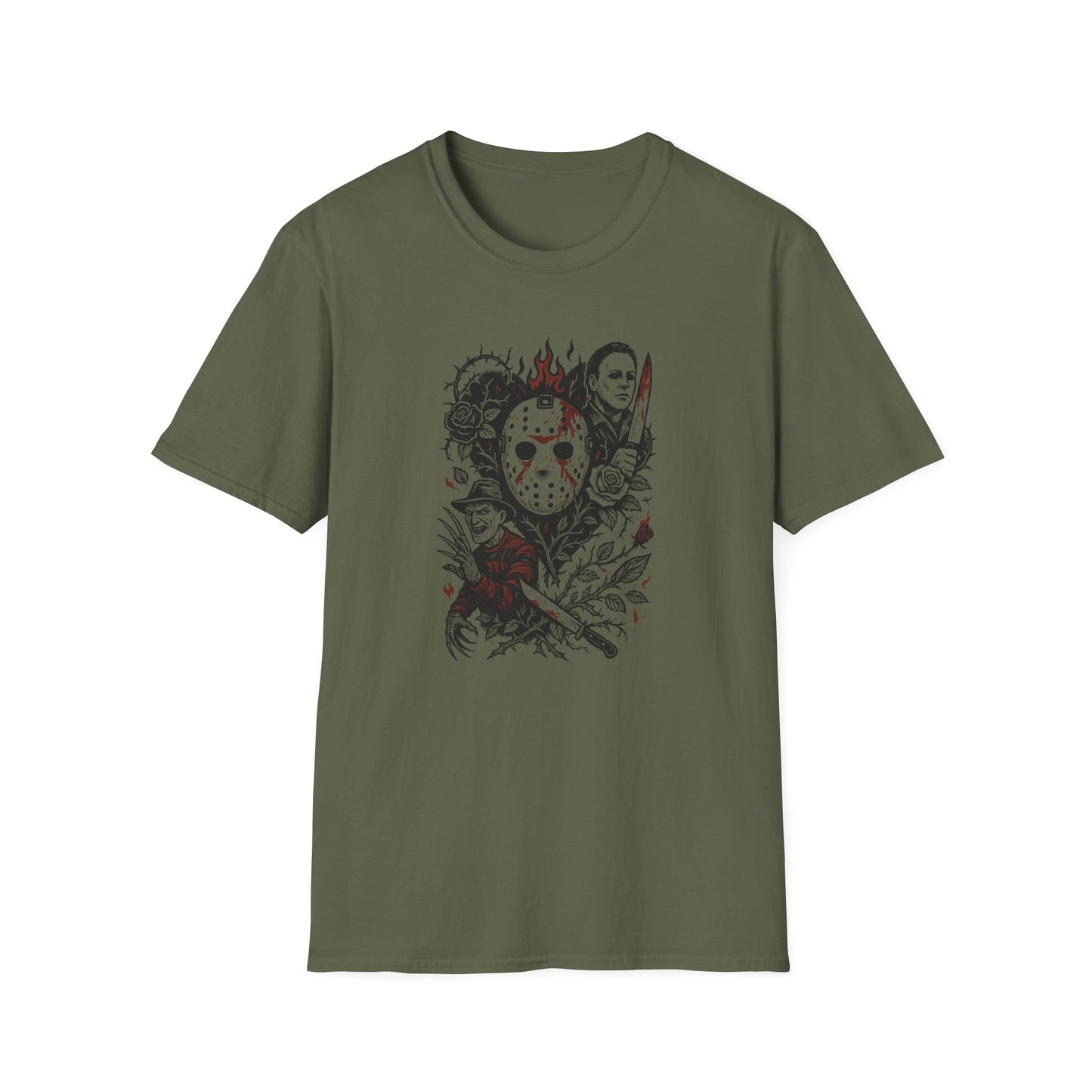 Horror Icons Floral Collage T-Shirt — Jason, Michael & Freddy Graphic Tee