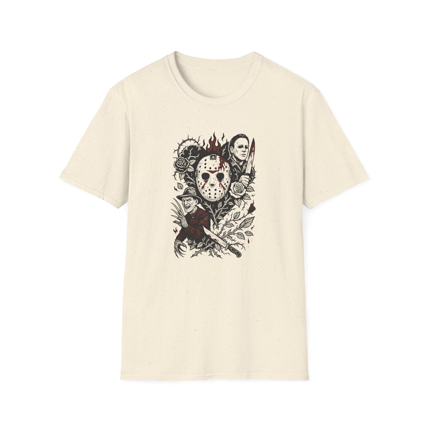 Horror Icons Floral Collage T-Shirt — Jason, Michael & Freddy Graphic Tee