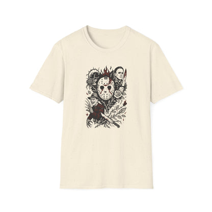 Horror Icons Floral Collage T-Shirt — Jason, Michael & Freddy Graphic Tee