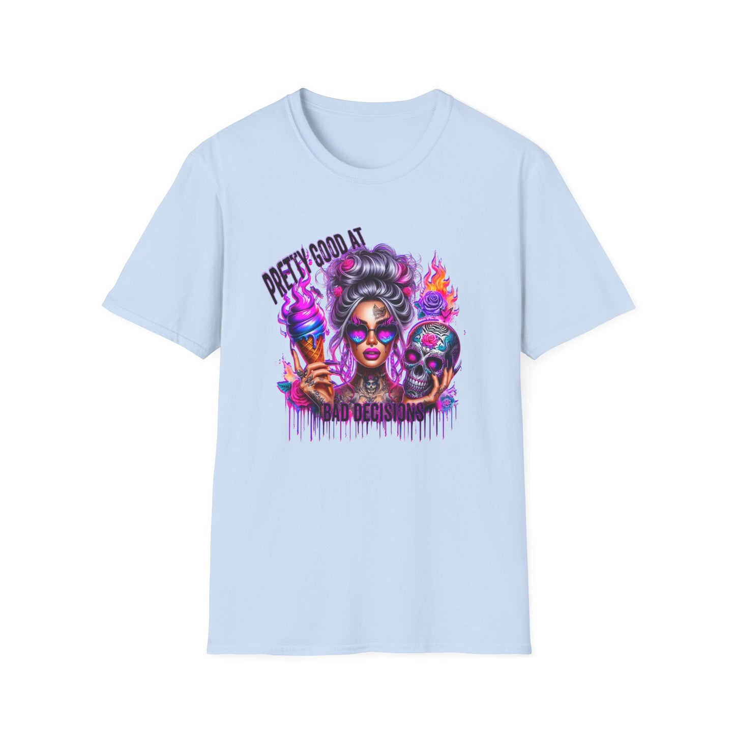 T-Shirt — "Pretty Good At" Colorful Glam Girl Skull Graphic Tee