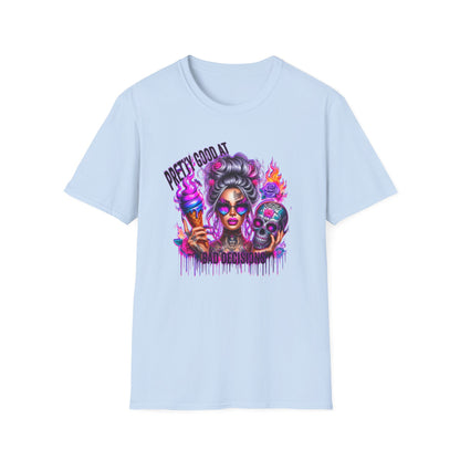 T-Shirt — "Pretty Good At" Colorful Glam Girl Skull Graphic Tee