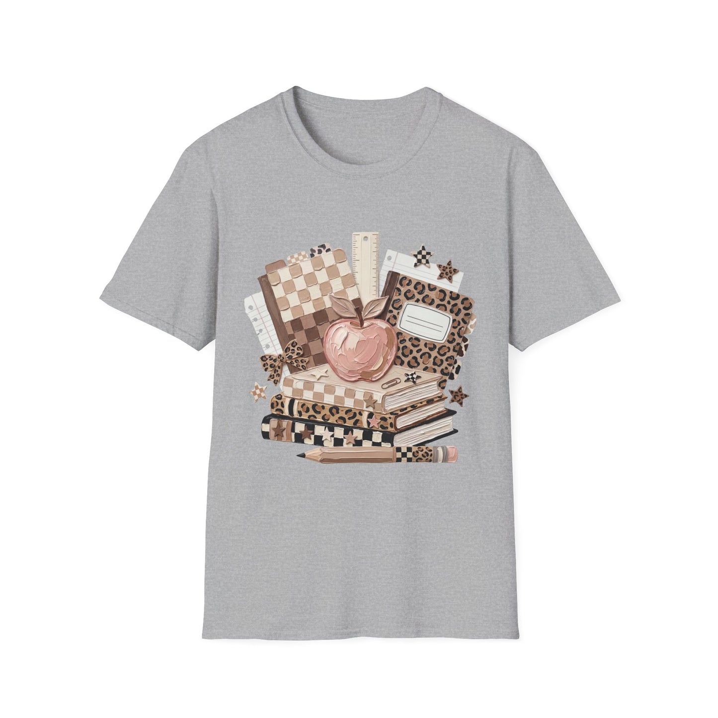 Teacher Apple & School Supplies T‑Shirt — Leopard Notebook Classroom Design