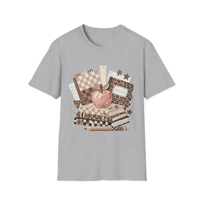 Teacher Apple & School Supplies T‑Shirt — Leopard Notebook Classroom Design