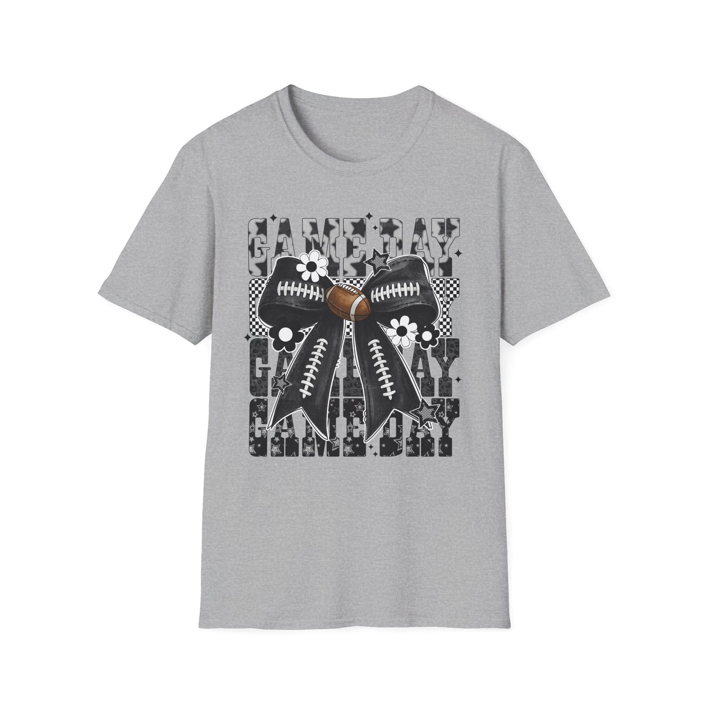 Gameday Football Bow T-Shirt — Floral Black & White Grunge Design