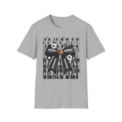 Gameday Football Bow T-Shirt — Floral Black & White Grunge Design