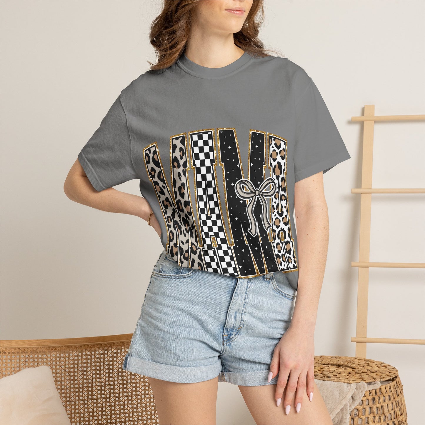 Leopard Checker MAMA Tee — Vintage-Inspired Mama Shirt with Bow Graphic