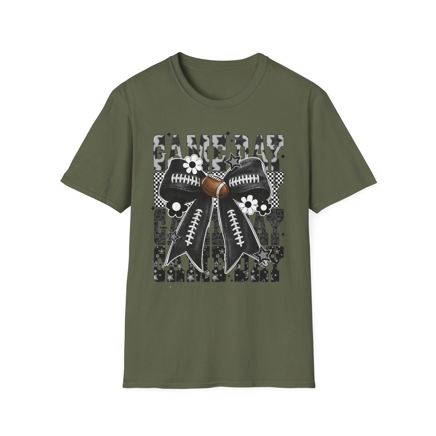 Gameday Football Bow T-Shirt — Floral Black & White Grunge Design