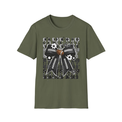 Gameday Football Bow T-Shirt — Floral Black & White Grunge Design