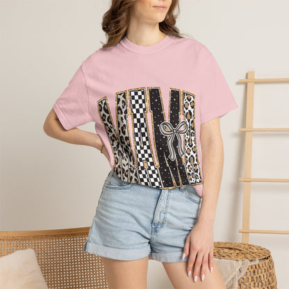 Leopard Checker MAMA Tee — Vintage-Inspired Mama Shirt with Bow Graphic