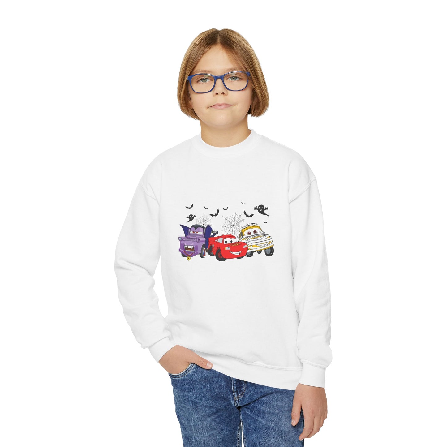 Kids Halloween Cars Crewneck Sweatshirt — Cute Haunted Car Trio Graphic