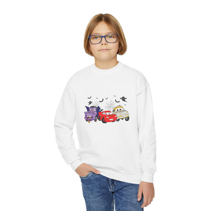 Kids Halloween Cars Crewneck Sweatshirt — Cute Haunted Car Trio Graphic