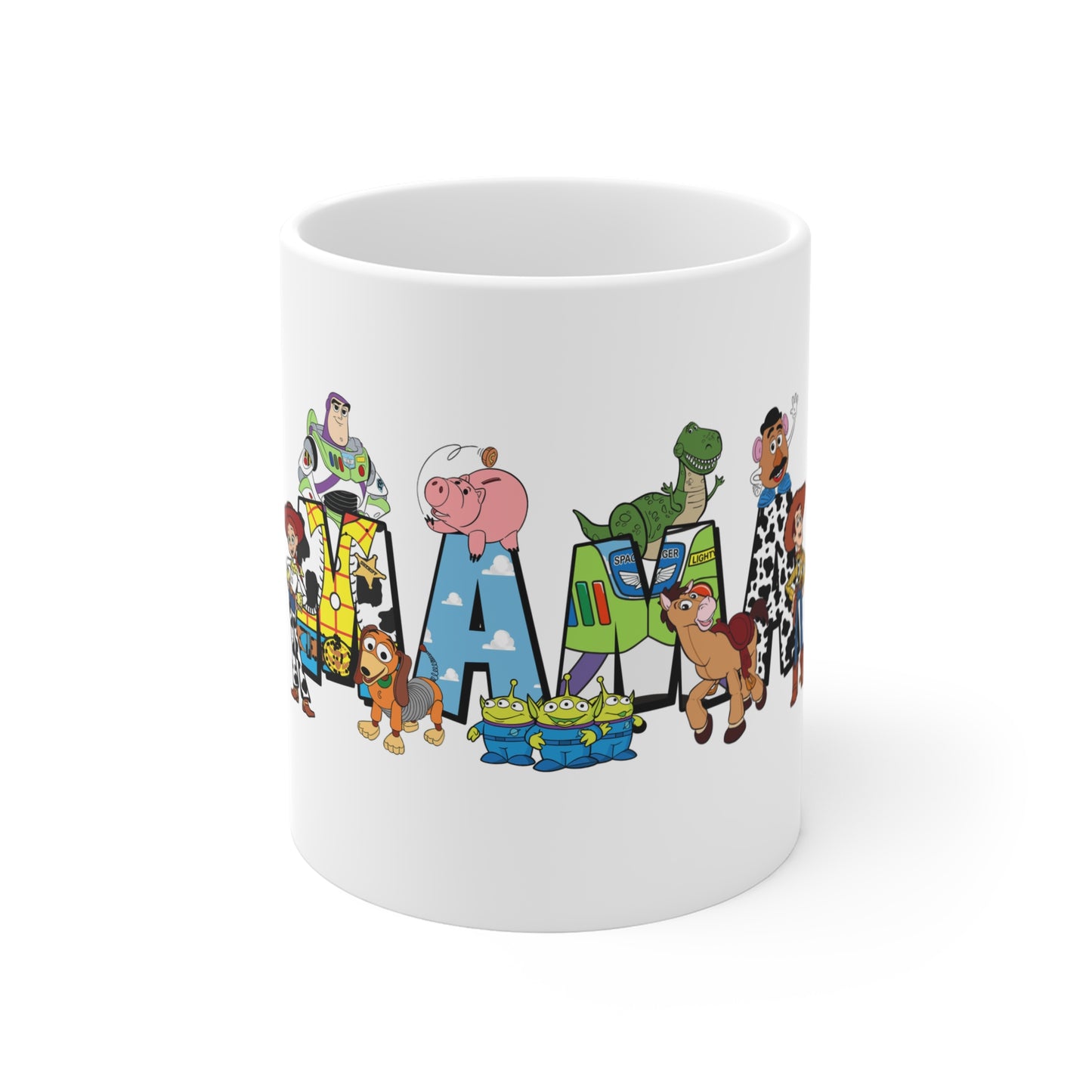 11oz Character Name Collage Mug — Colorful Cartoon Letter Art