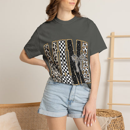 Leopard Checker MAMA Tee — Vintage-Inspired Mama Shirt with Bow Graphic