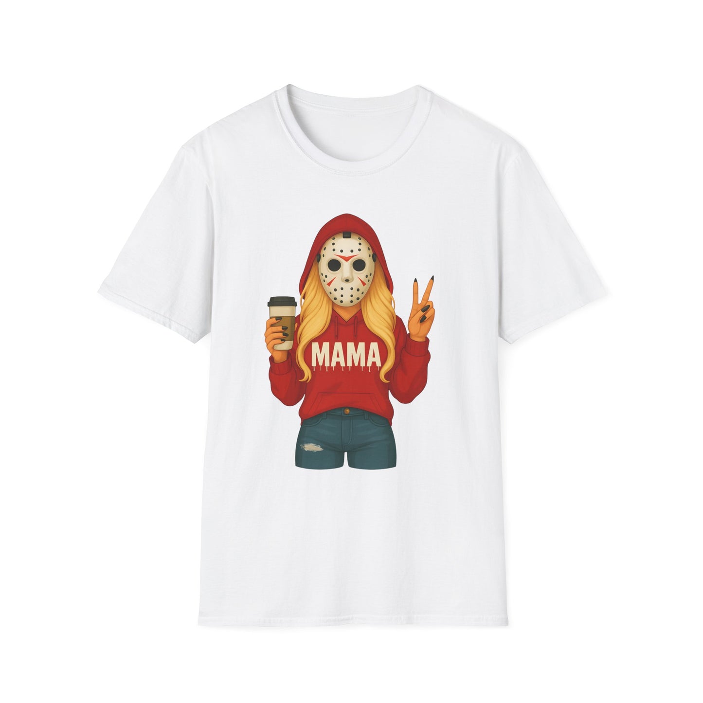 Mama Jason Horror Mask T-Shirt — Funny Mom Halloween Tee with Coffee & Peace Sign