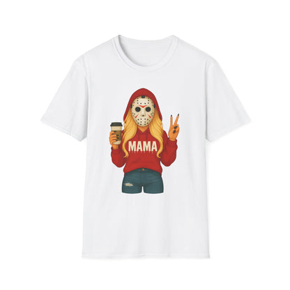 Mama Jason Horror Mask T-Shirt — Funny Mom Halloween Tee with Coffee & Peace Sign