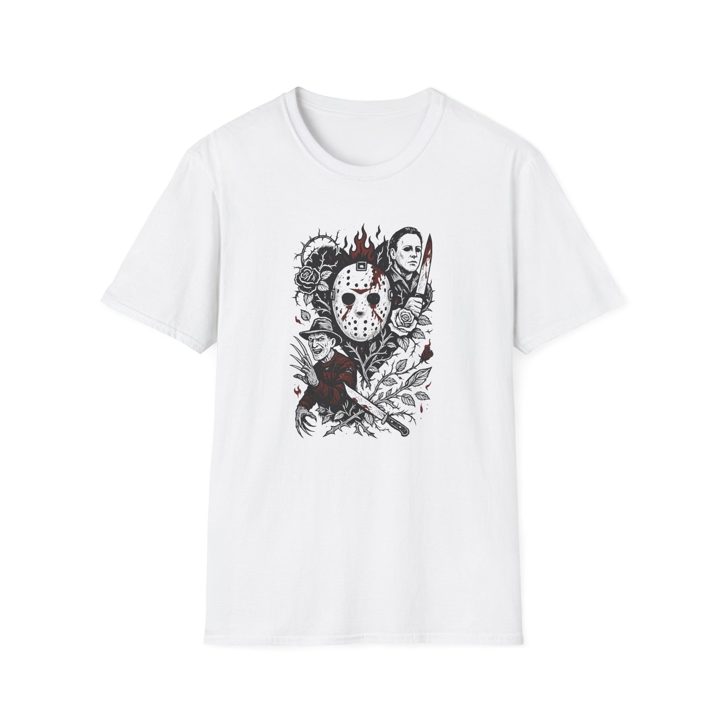 Horror Icons Floral Collage T-Shirt — Jason, Michael & Freddy Graphic Tee