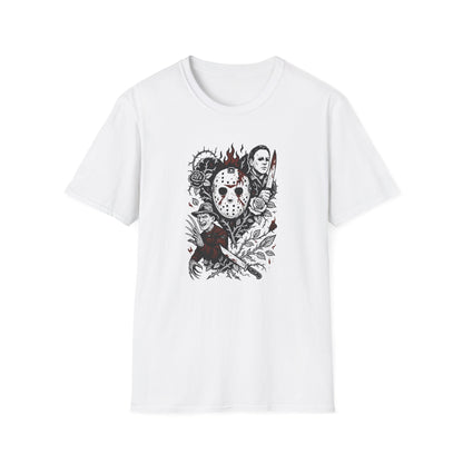 Horror Icons Floral Collage T-Shirt — Jason, Michael & Freddy Graphic Tee