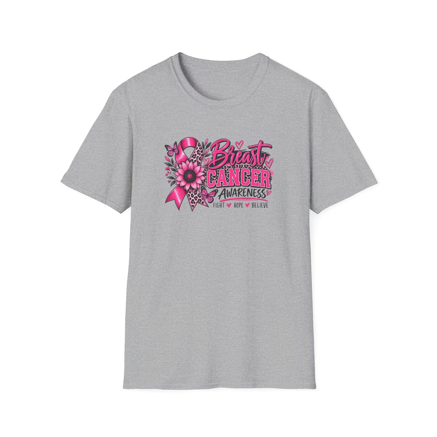 Breast Cancer Awareness T-Shirt — Pink Ribbon, 'Fight Hope Believe'