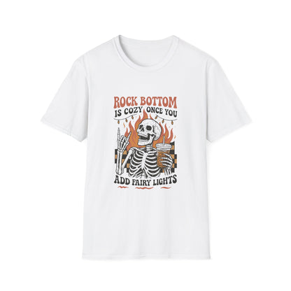 T-Shirt — "Rock Bottom Is Cozy Once You Add Fairy Lights" Skeleton Graphic Tee
