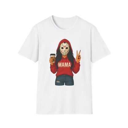 Horror Mama T‑Shirt — Jason Mask Mom with Coffee Graphic Tee