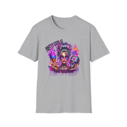 T-Shirt — "Pretty Good At" Colorful Glam Girl Skull Graphic Tee