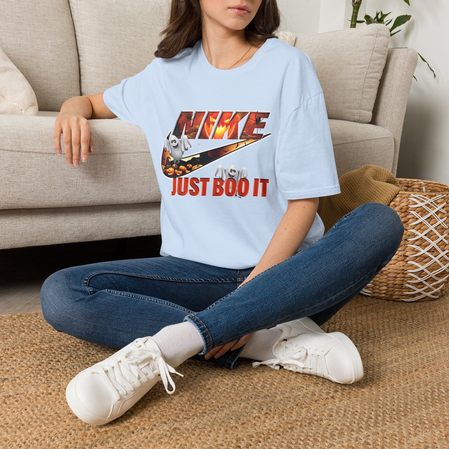 Halloween 'Just Boo It' Graphic T-Shirt — Playful Ghost Nike-Inspired Design