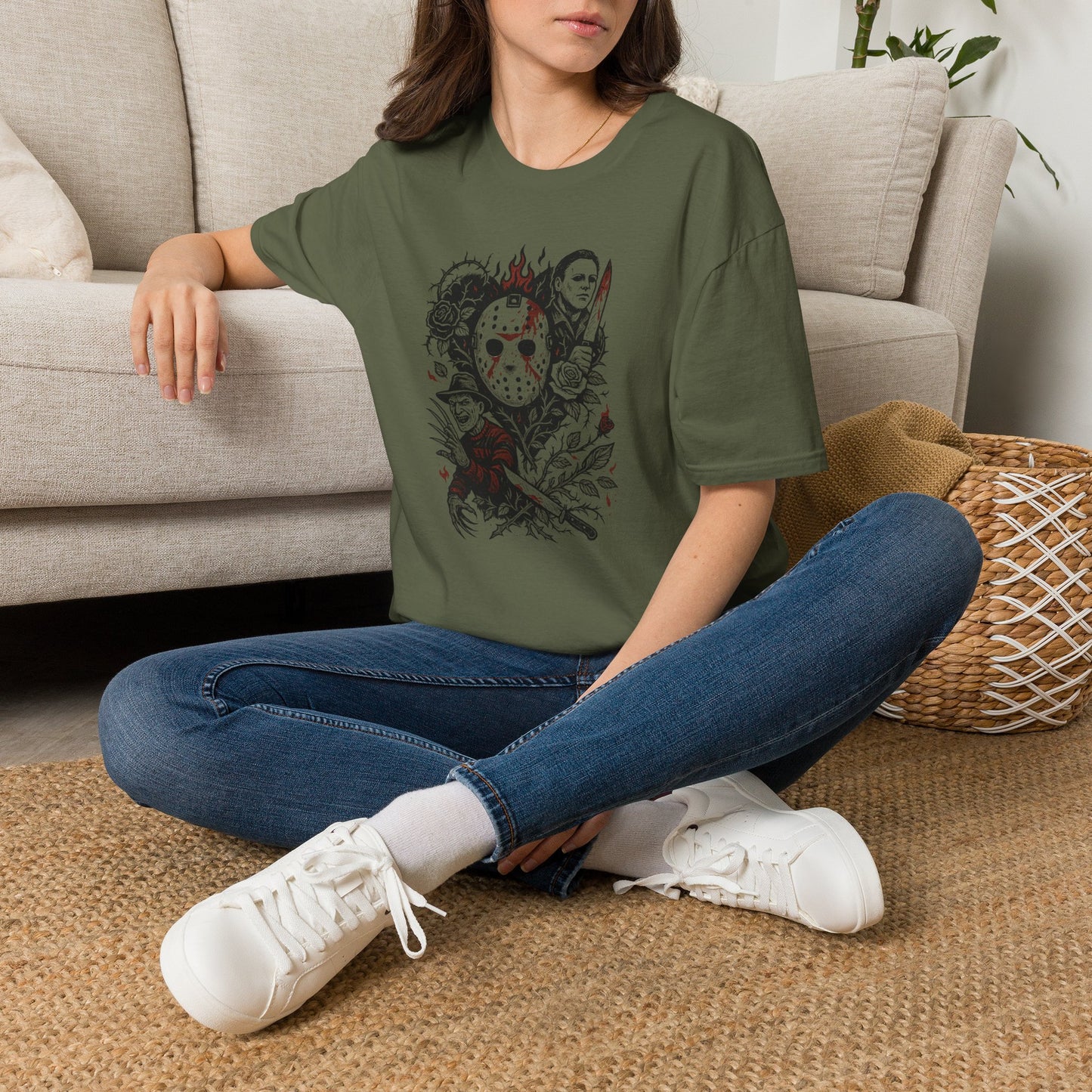 Horror Icons Floral Collage T-Shirt — Jason, Michael & Freddy Graphic Tee